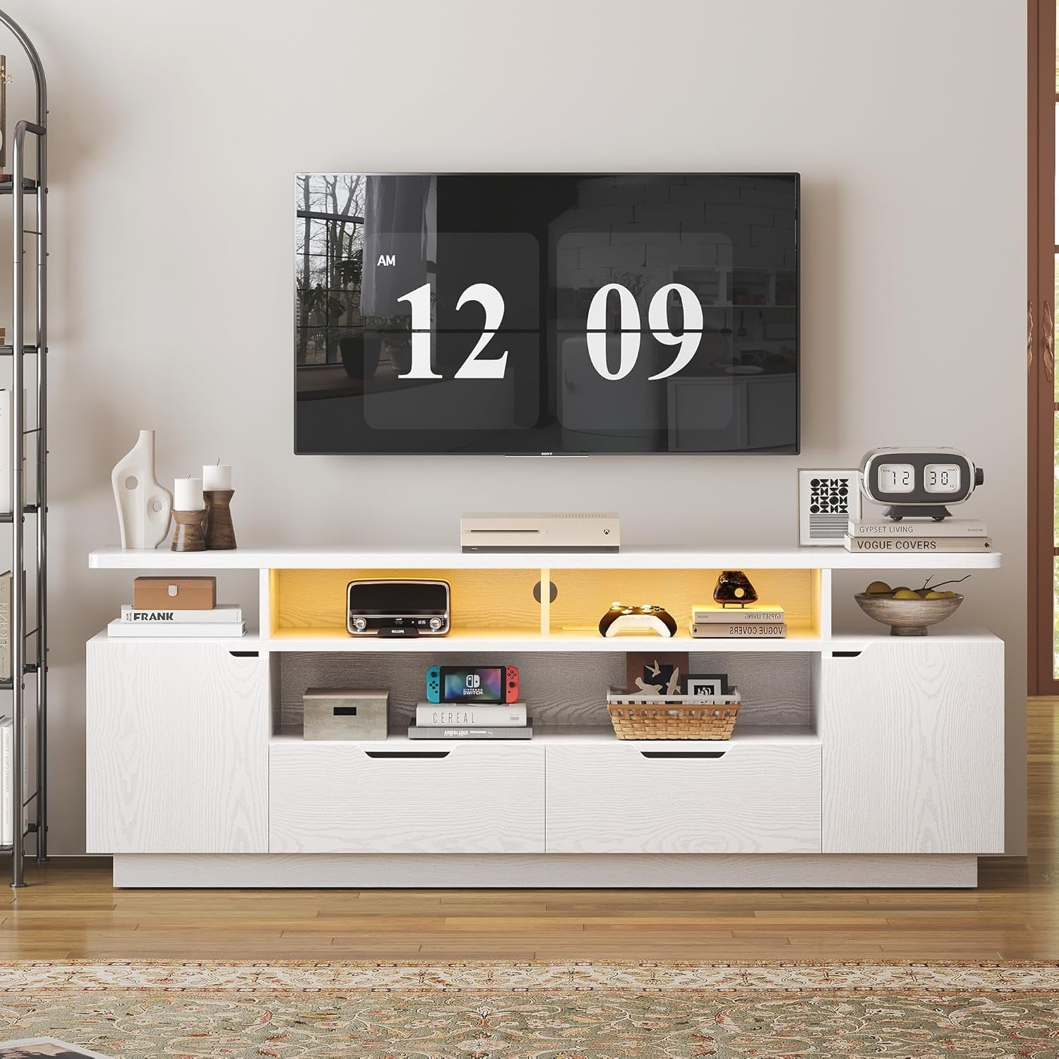 TV Stand for Tvs 85 Inch with Power Outlet and LED Lights, Entertainment Center with Storage Cabinets, Media TV Console with Drawers, Modern TV Stand for Living Room, White