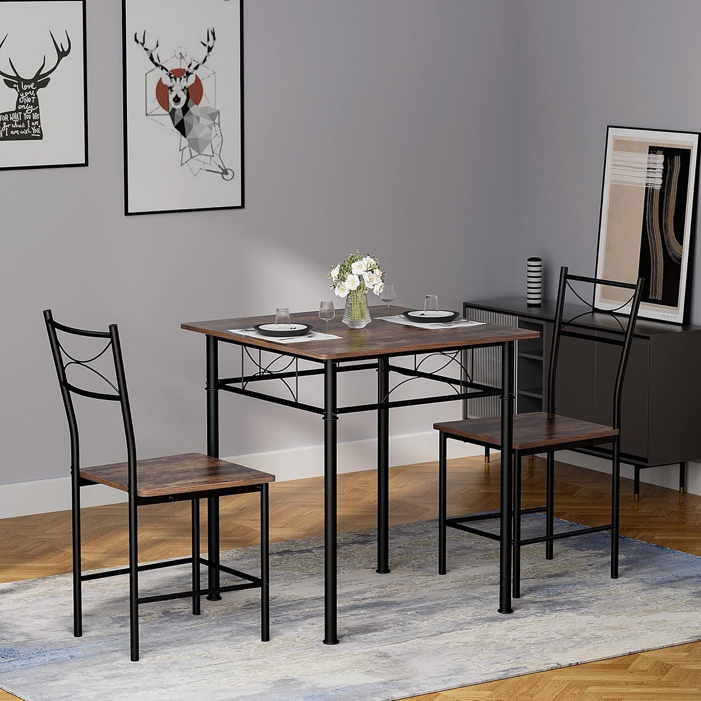 3-Piece Kitchen Dining Room Table Set for Small Spaces，Iron Wood Square Table with 2 Chairs for Kitchen Dining Room Furniture