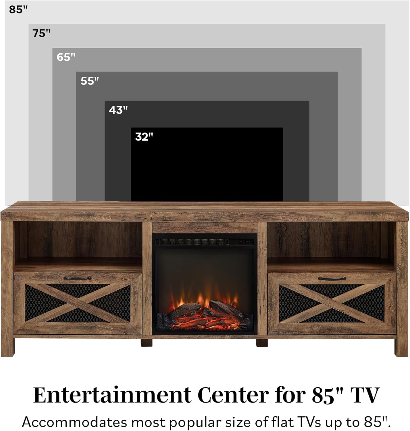 Calgary Industrial Farmhouse X-Drawer Metal Mesh and Wood Fireplace TV Stand for Tvs up to 80 Inches, 70 Inch, Rustic Oak