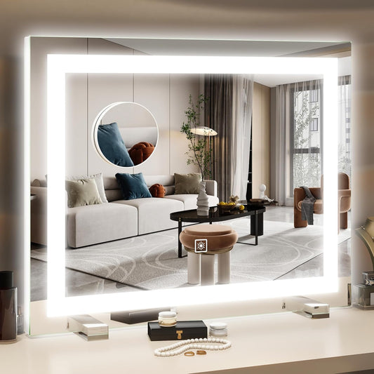22"X20" Lighted Vanity Mirror – Large Makeup Mirror with 3-Color Dimmable LED Lights, 10X Magnification, Touch Control, Tabletop or Wall Mount Mirror for Bedroom & Dressing Room (White)