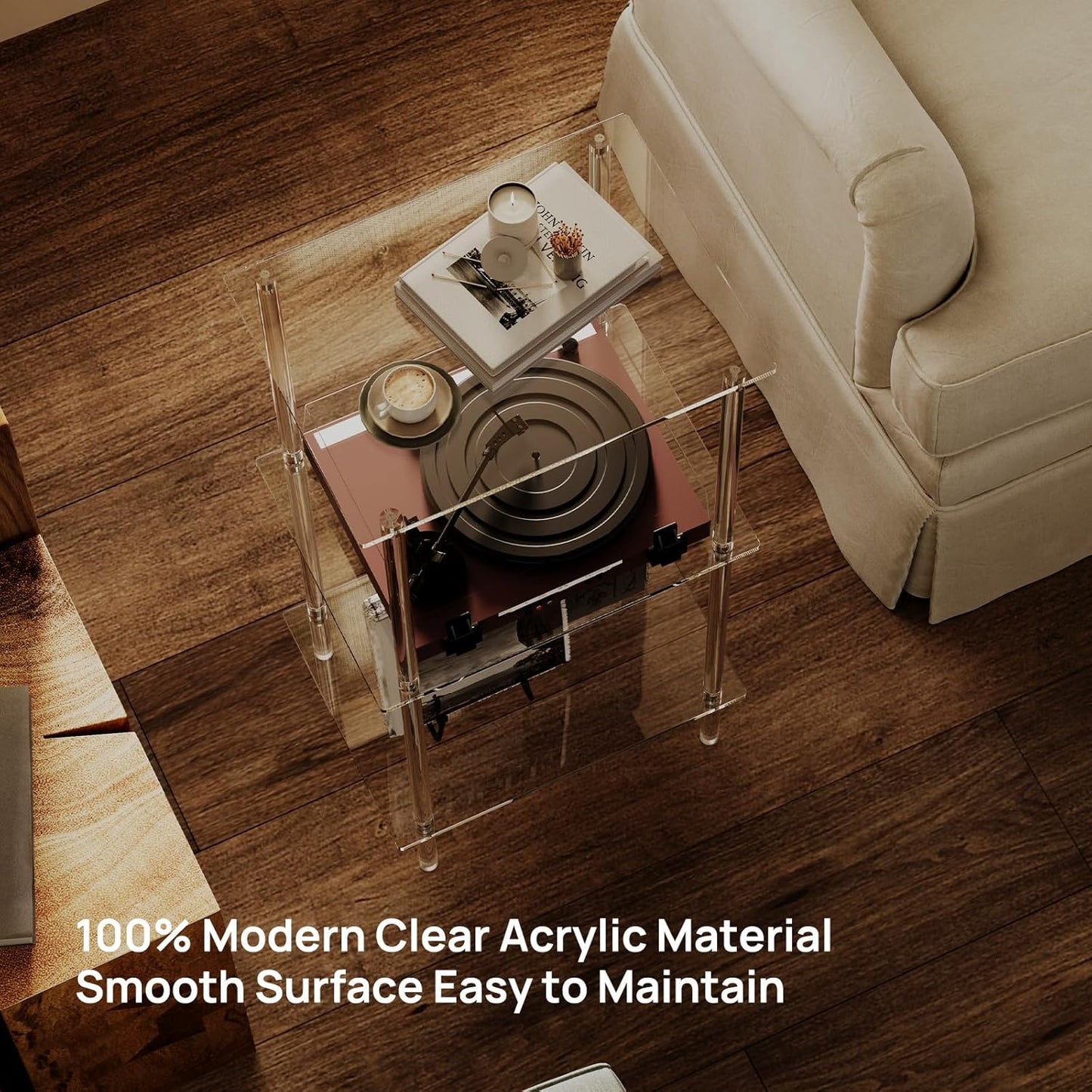 Acrylic Record Player Stand, Turntable Stand with Vinyl Record Storage, Tall Side Table/End Table for Living Room, Bedroom, 3-Tier, Modern, 15.7" L X 11.8" W X 30.8" H, Clear