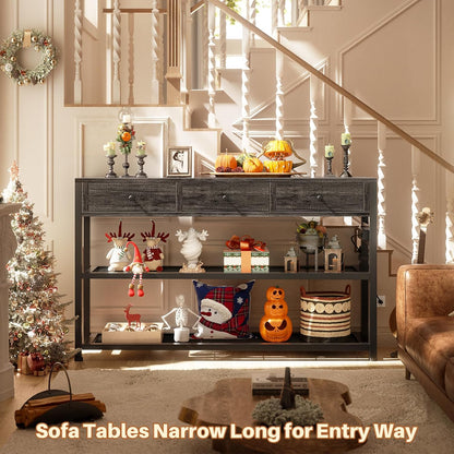 47'' Entryway Table with Outlets and USB Ports, Console Table with 3 Drawers, Sofa Table Narrow Long with Storage Shelves for Living Room, Couch, Hallway, Foyer, Kitchen Counter, Grey