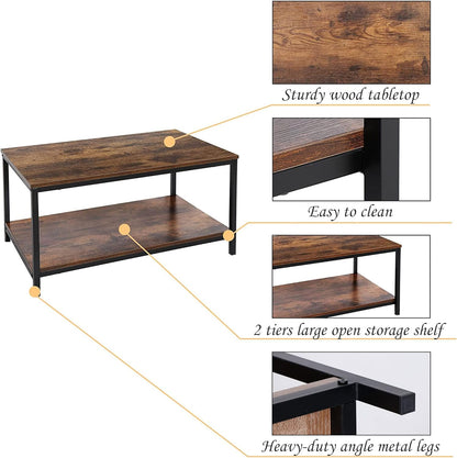 2-Tier Industrial Coffee Table with Storage Shelf for Small Apartment Living Room, Rectangle Wood and Stable Metal TV Stand Side End Table, Rustic Brown