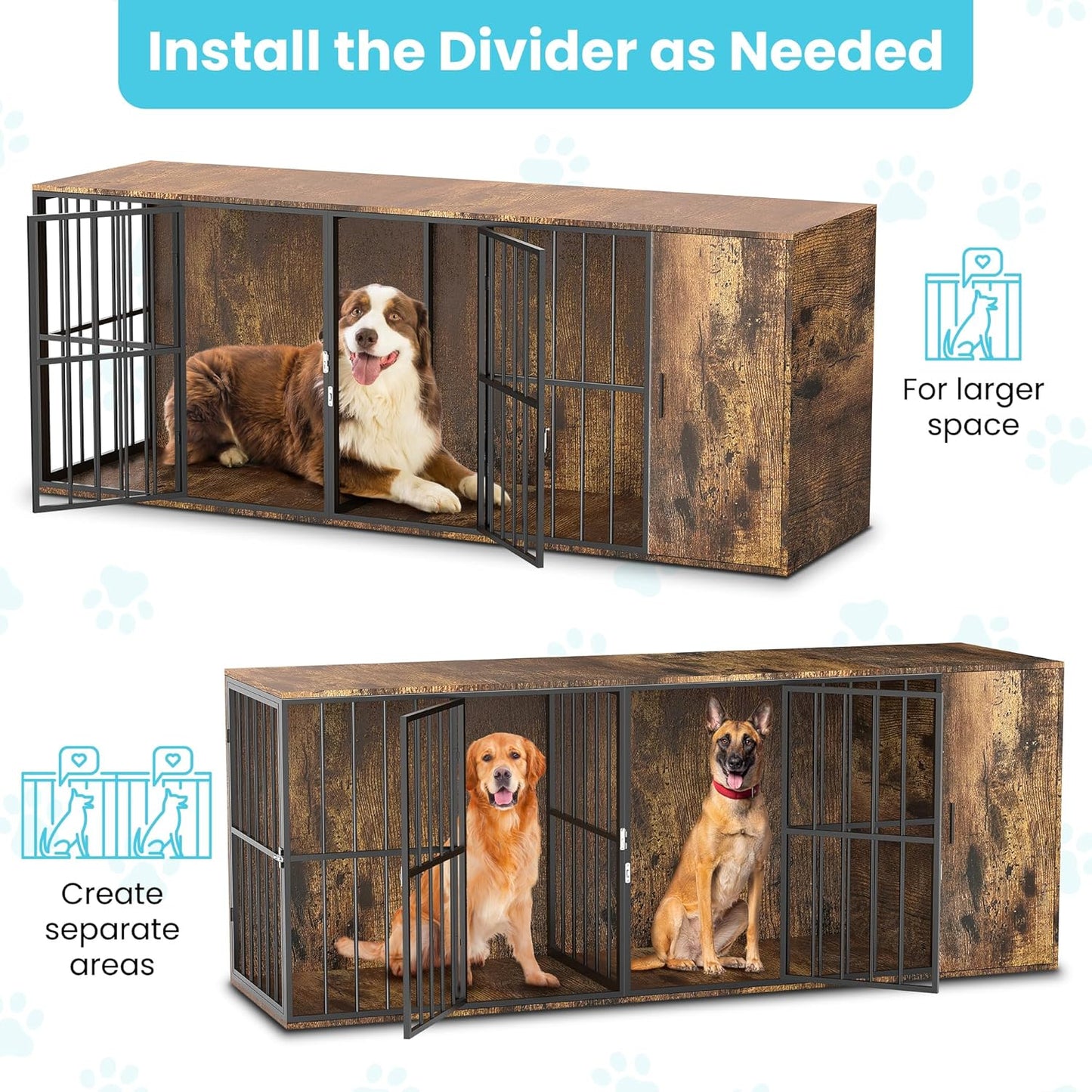 Dog Cage Furniture for 2 Dogs,Large Wooden Crate Furniture TV Stand,Large Crate Furniture with Cabinet and Removable Divider,Indoor Dog House,Pet Storage Cabinet