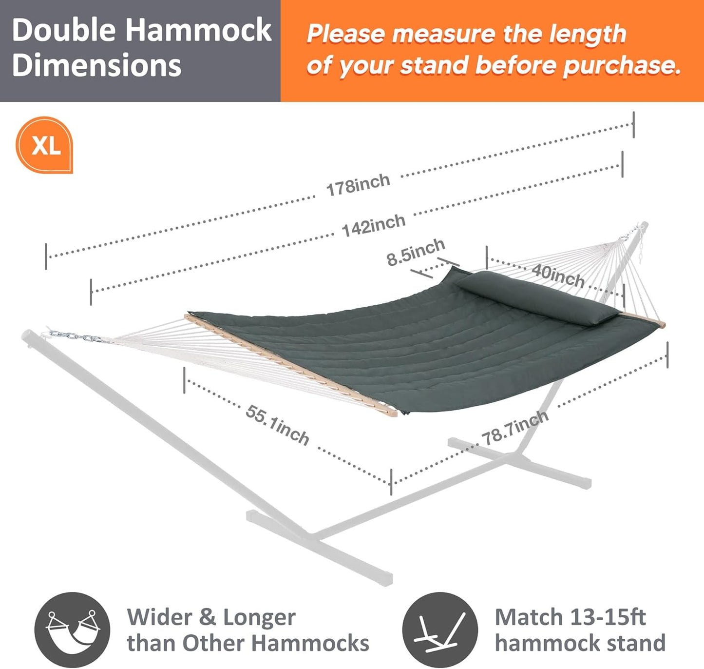 Portable Double Rope Hammock with Pad, Two Person Tree Hammock for Garden, Backyard, Patio, Poolside, Gray Green