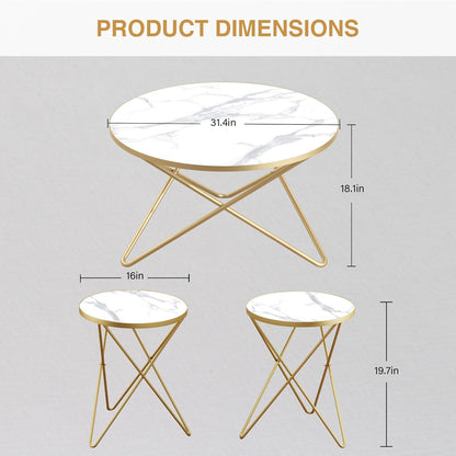 Modern round Coffee Table and Side Table Set of 3,End Table with Faux Marble Top and Gold Metal Frame, Side Table for Living Room, Bedroom, Sofa and Couch, Gold Legs, White Marble Top