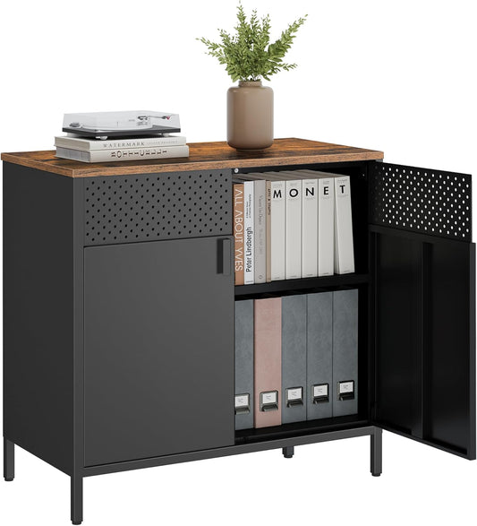 Storage Cabinet, Metal Cabinet, Sideboard with 2 Doors, 15.7 X 31.5 X 29.9 Inches, Magnetic Closure, Adjustable Shelf, Steel Frame, Rustic Brown and Black ULSC102B01