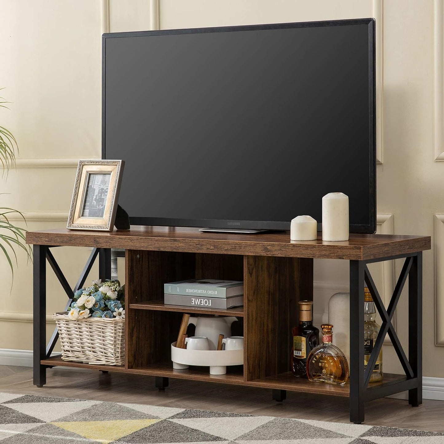 TV Stand for TV up to 55 Inches, TV Cabinet with Open Storage, TV Console Unit with Shelving for Living Room, Entertainment Room, Rustic Brown