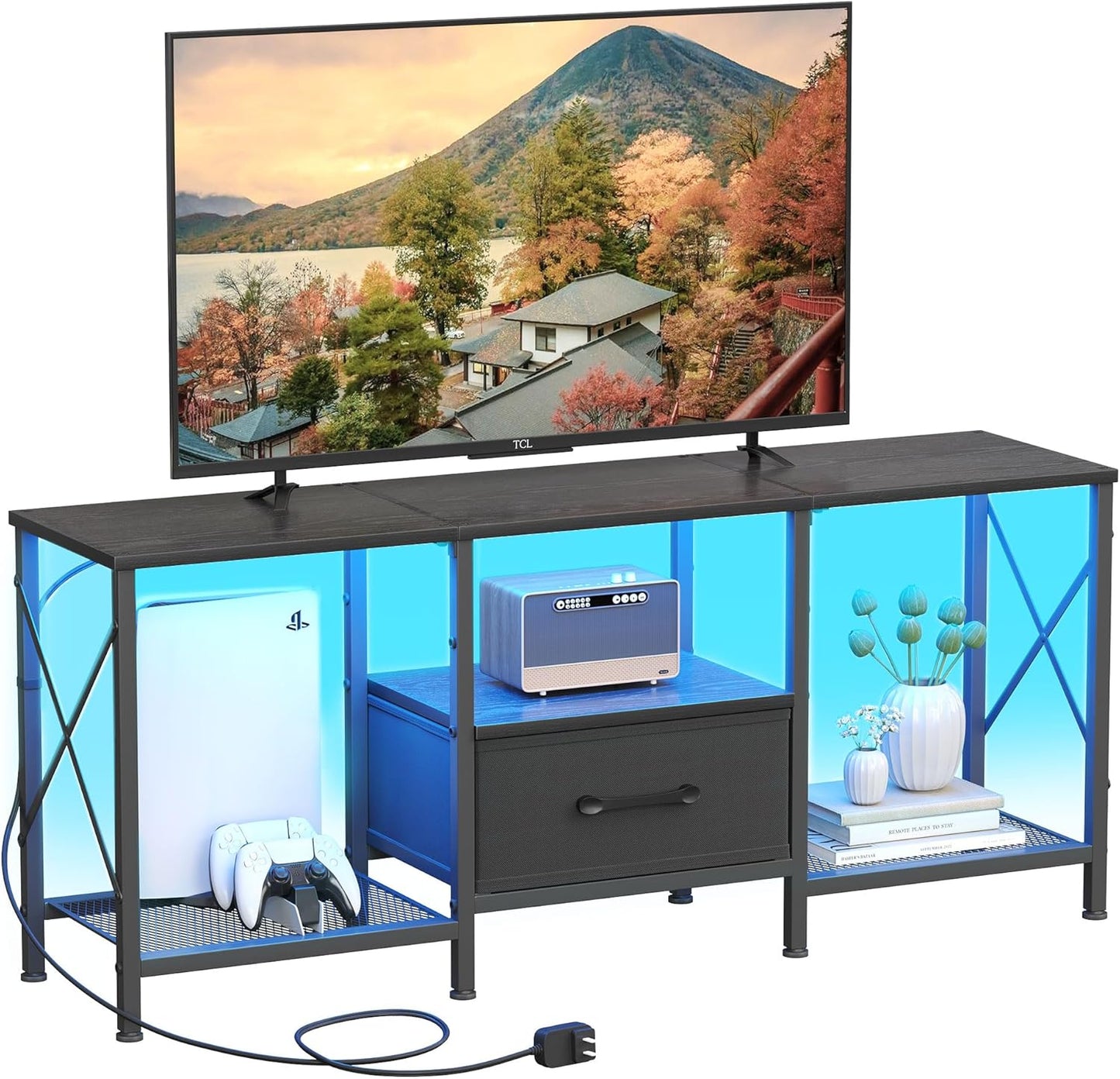 LED TV Stand with Fabric Drawer, Entertainment Center for 50 55 Inch TV, Industrial TV Console Table with Open Storage Shelves for Living Room, Bedroom, Black