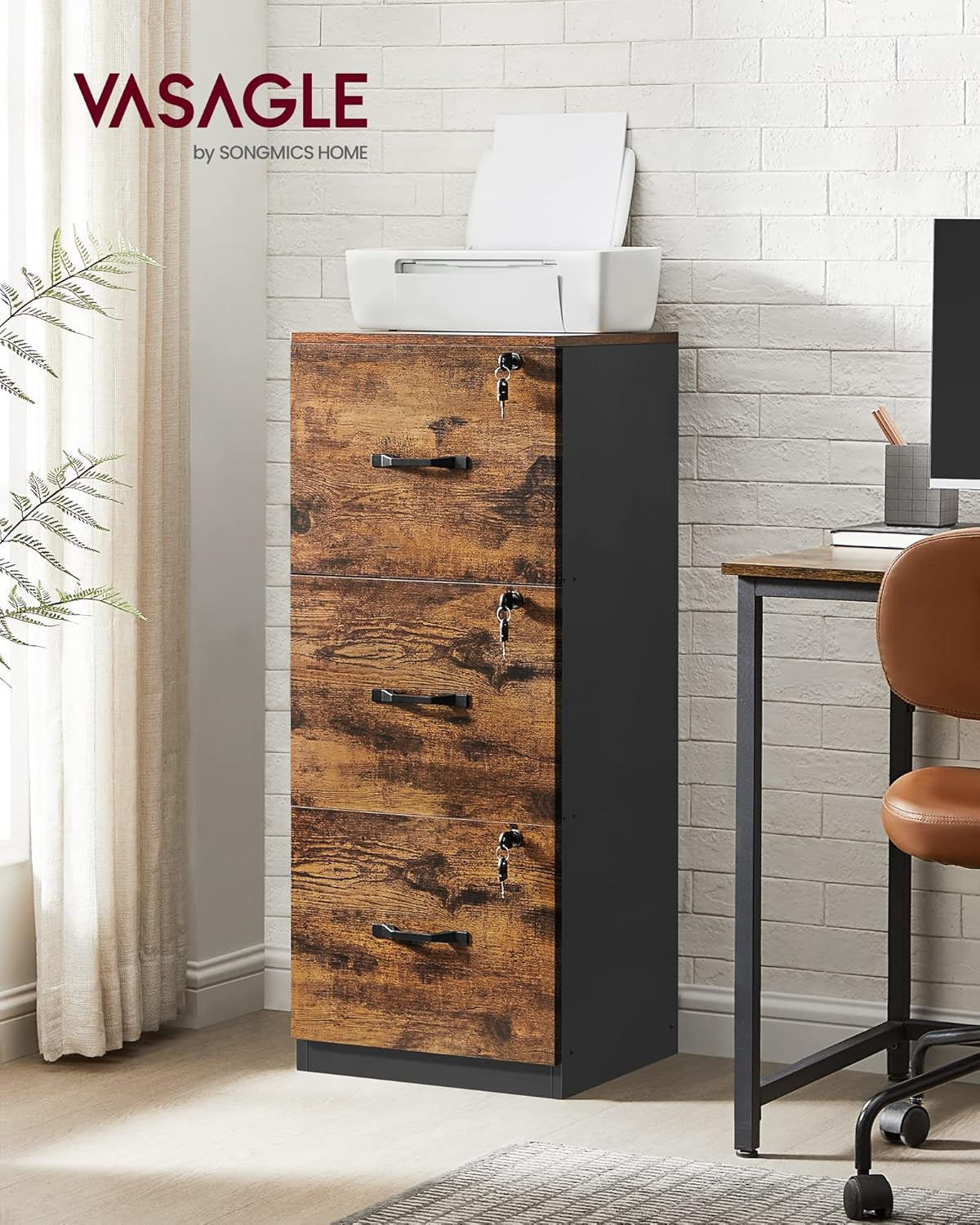 1 Drawer File Cabinet with Lock, Printer Stand, Office Filing Cabinet Organizer, for A4 and Letter Size Documents, Rustic Brown and Black UOFC044B01