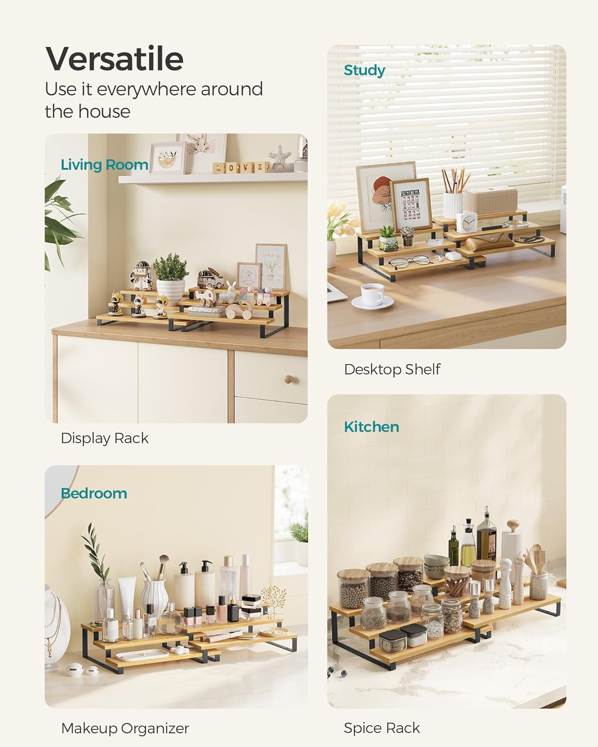 Display Risers, Set of 2 Engineered Wood Perfume Organizer Stand, 3-Tier Cupcake Stand Holder, Spice Rack, Shelf Risers for Figures, Dessert Shelves, Natural Beige and Ink Black UKCS016N01