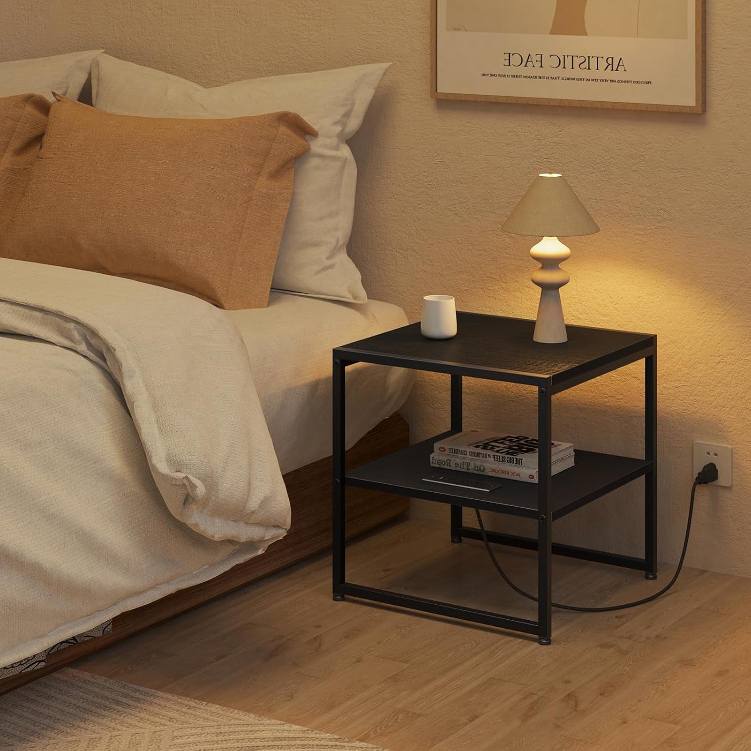 20" End Table with Charging Station, Industrial Square Side Table with USB Ports & Outlets, Versatile 2-Tier Small Nightstand for Bedroom Living Room, Black