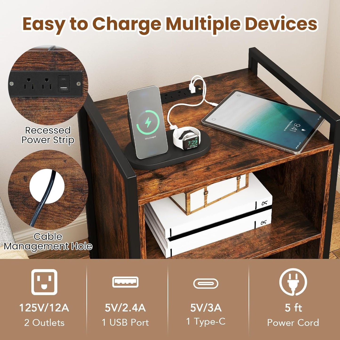 Record Player Stand with Charging Station, Mobile Turntable Stand with Record Storage & 4 Rolling Wheels, 3-Tier Vinyl Record Storage W/ Open Shelves & Dividers for Living Room, Rustic Brown