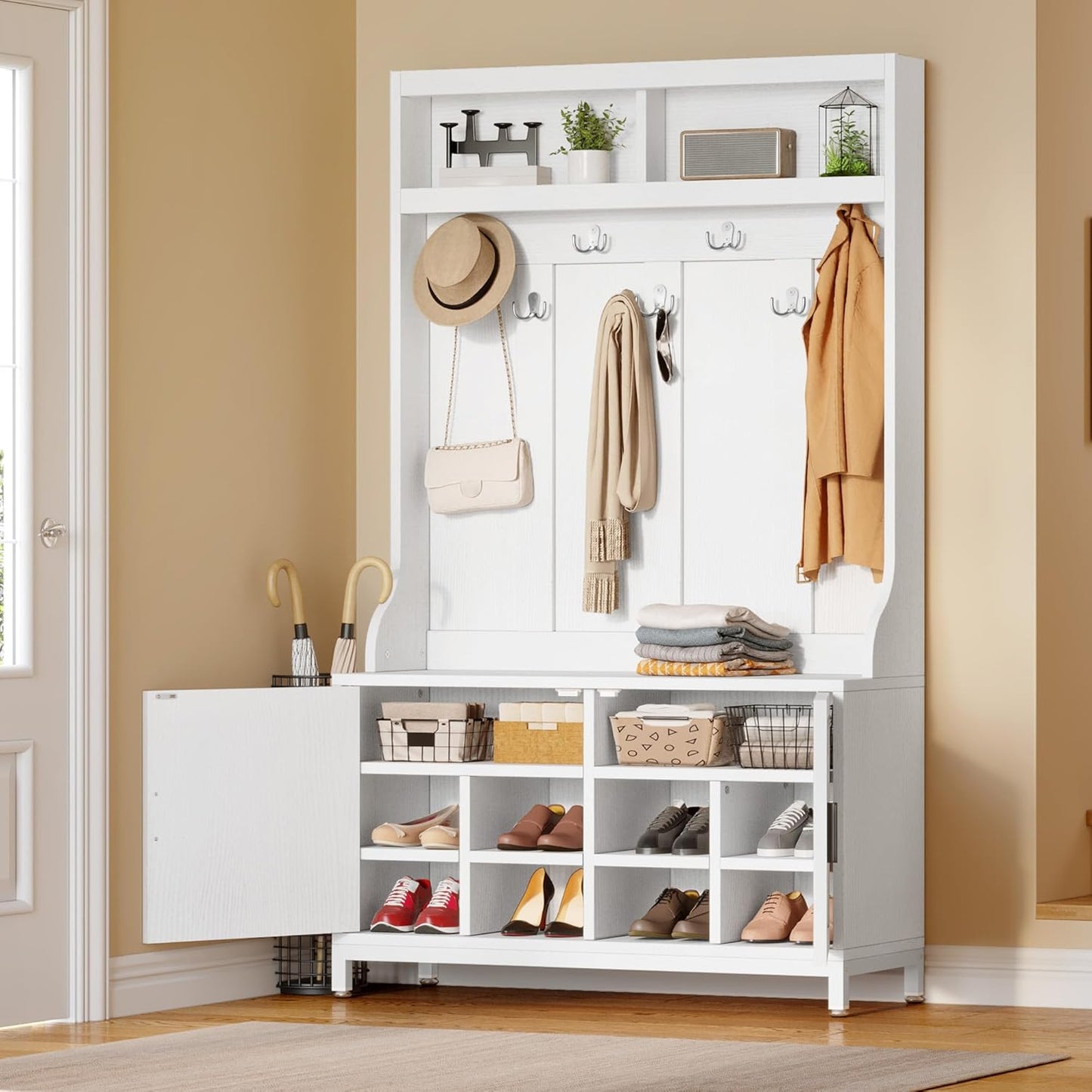 Hall Tree with Shoe Storage Bench for Entryway, 4-In-1 Coat Rack with Bench, Entrance Organizer, Hall Tree with Adjustable Shoe Storage and Hanging Hooks, White