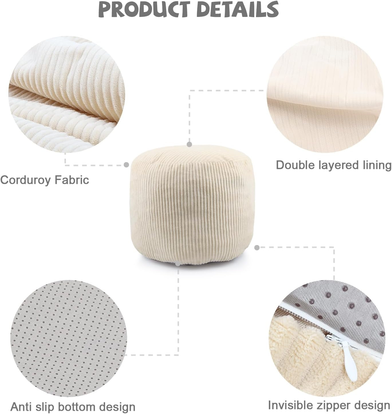 round Corduroy Pouf Cover Only, 20"X 16" Unstuffed Decorative Ottoman Foot Stool Rest, Washable Storage Bean Bag Chair Floor Pouf Covers for Living Room Bedroom, Beige