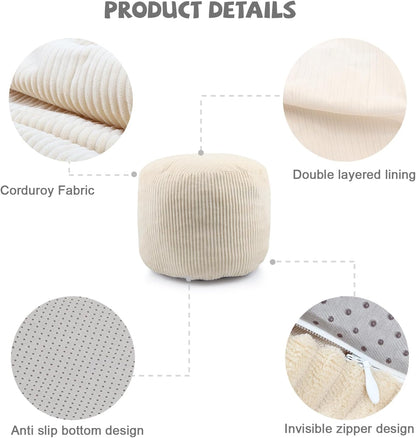 round Corduroy Pouf Cover Only, 20"X 16" Unstuffed Decorative Ottoman Foot Stool Rest, Washable Storage Bean Bag Chair Floor Pouf Covers for Living Room Bedroom, Beige