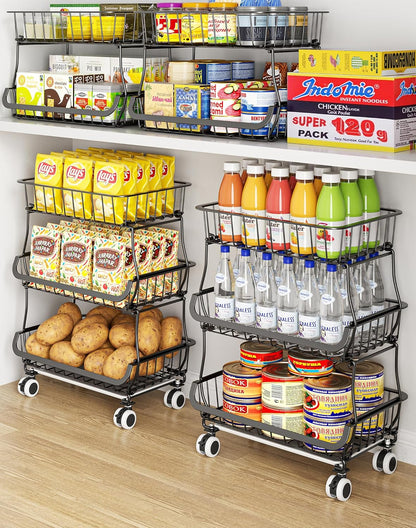 3-Tier Rolling Pantry Floor Organizer and Storage Cart with Wheels, Stackable Wire Pantry Baskets for Pantry Shelves, Kitchen Fruit Basket Stand and Storage Rack for Fruit Snack Onion Potato