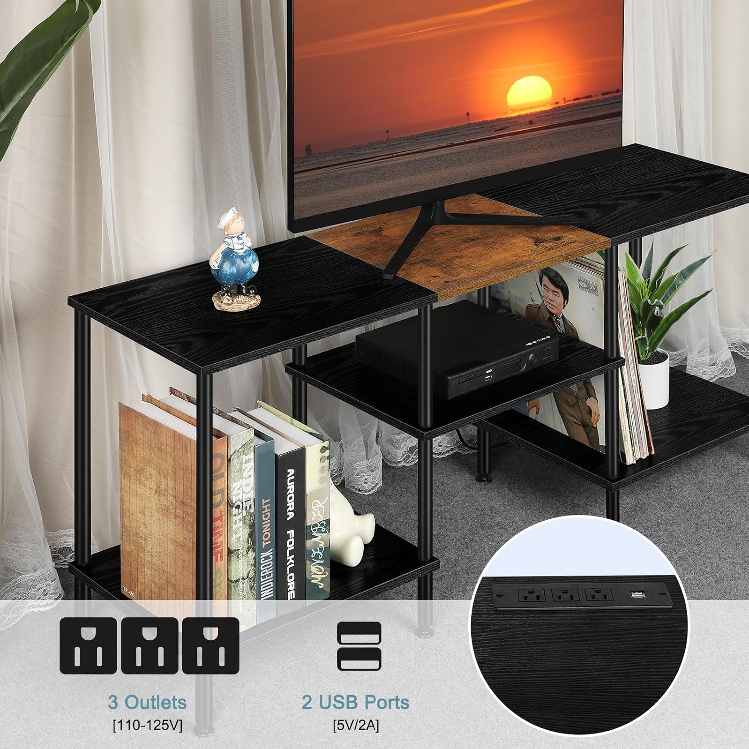 TV Stands for Living Room 50 Inch TV Stand with Power Outlet Entertainment Center with Storage 3 Tier TV Console Table for 50 43 40 32 Inch TV, Black
