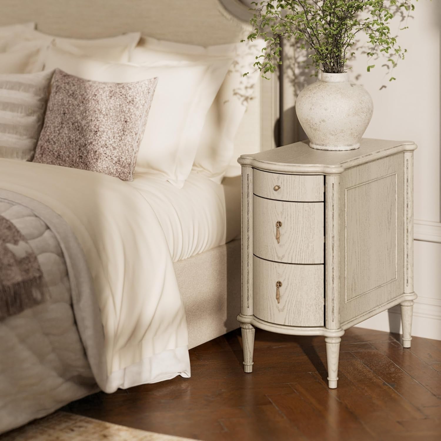 Nightstand W/Charging Station & 3 Drawers, Pre-Assembled, Vintage Side Table W/Antique-Finished Pulls, Rustic Wood Finish, Narrow End Table W/Turned Legs for Bedroom (1, Antique Grey)