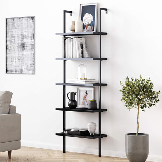 Theo 5-Shelf Black Modern Bookcase, Open Wall Mount Ladder Bookshelf with Industrial Metal Frame