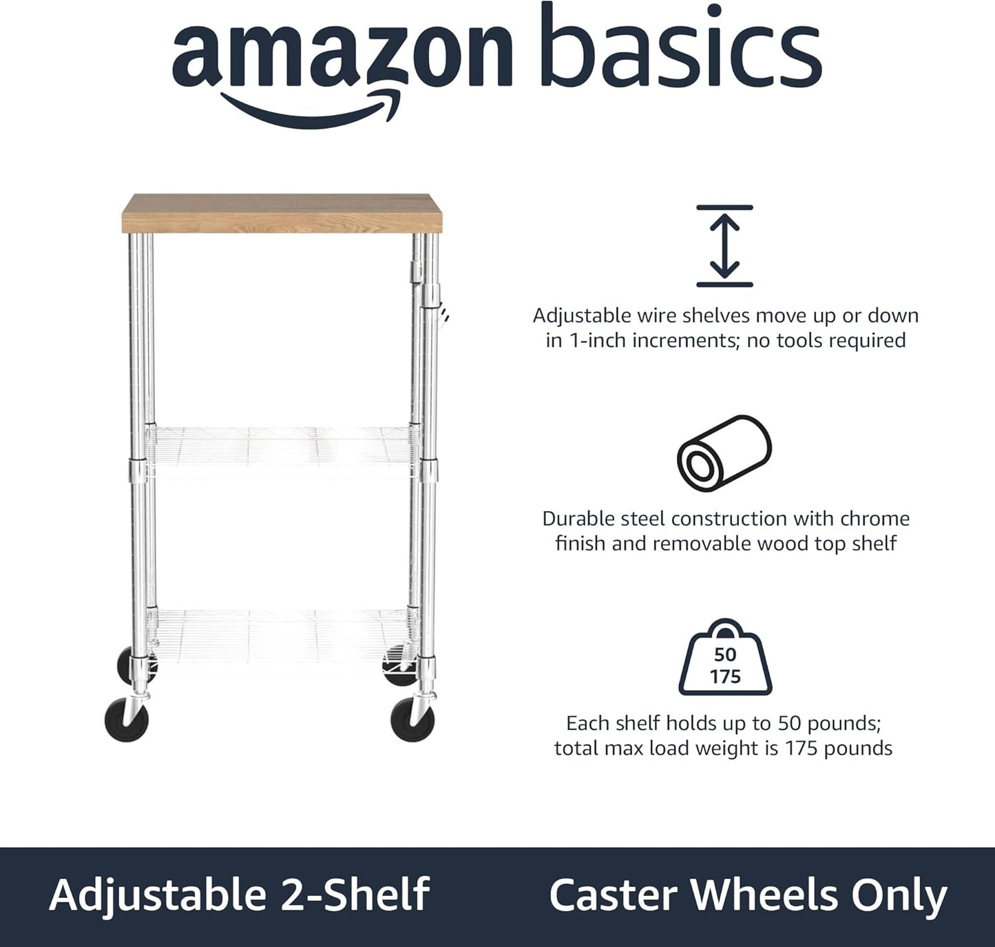 Portable Kitchen 3-Tier Storage Rack on Caster Wheels with Adjustable 2 Shelves, 175 Pound Capacity, 21 X 15 X 36.7 Inches (Lxwxh), Wood/Chrome
