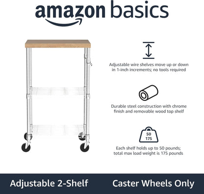 Portable Kitchen 3-Tier Storage Rack on Caster Wheels with Adjustable 2 Shelves, 175 Pound Capacity, 21 X 15 X 36.7 Inches (Lxwxh), Wood/Chrome
