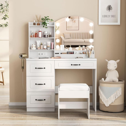 Makeup Vanity Desk with Lights and Charging Station, White Vanity Set Makeup Table with 4 Drawers Lots Storage, 3 Lighting Colors, Large Size 39.4In(W)