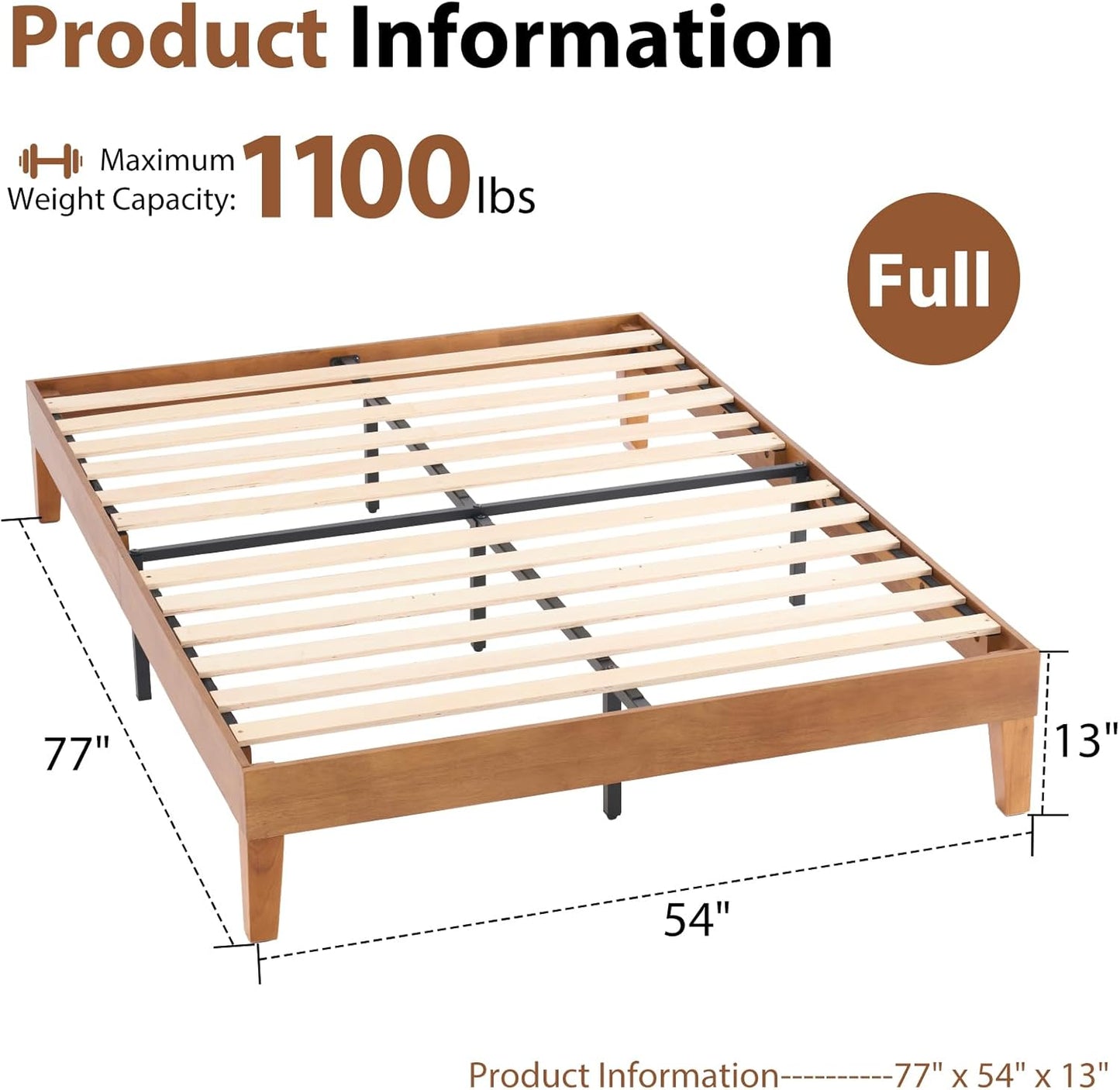 Solid Wood Bed Frame, Full Size Bed Base with Wood Slat Support, Sturdy, Stylish & Noise-Free Design, No Box Spring Needed, Easy Assembly, Dark Brown