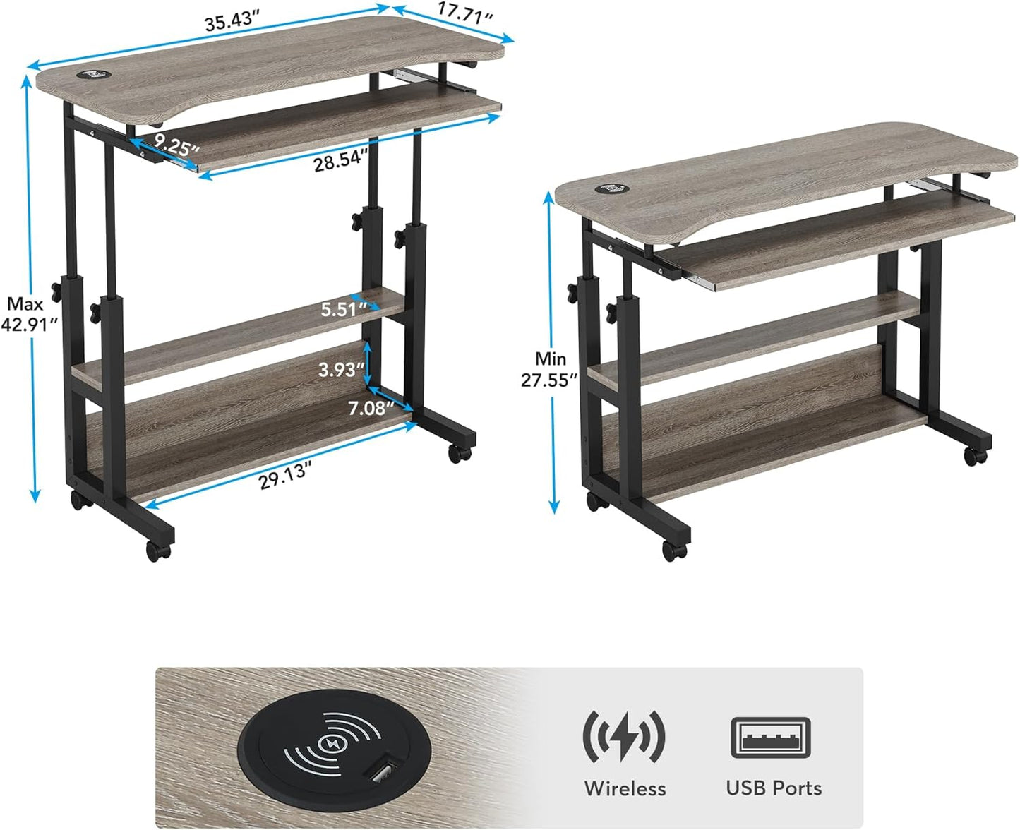 Portable Desk with Power Outlets, Height Adjustable Side Table Sofa Couch Bedside Laptop Computer Cart with USB Charging Ports, Mobile Small Standing Desk with Keyboard Tray