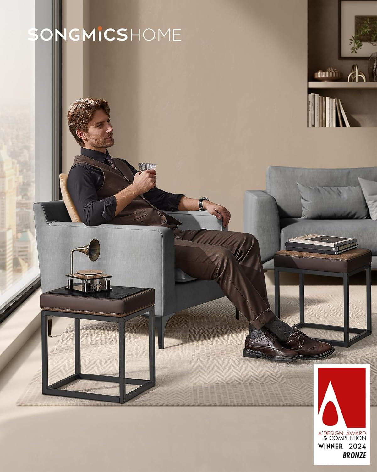 LUIZ Collection - Ottoman Footstool, Rectangle Ottoman, Vanity Chair Stool, Footrest, Reversible Top, Side Table, Max. Load 660 Lb, Bedroom Living Room Entryway, Walnut Brown ULOM079K01