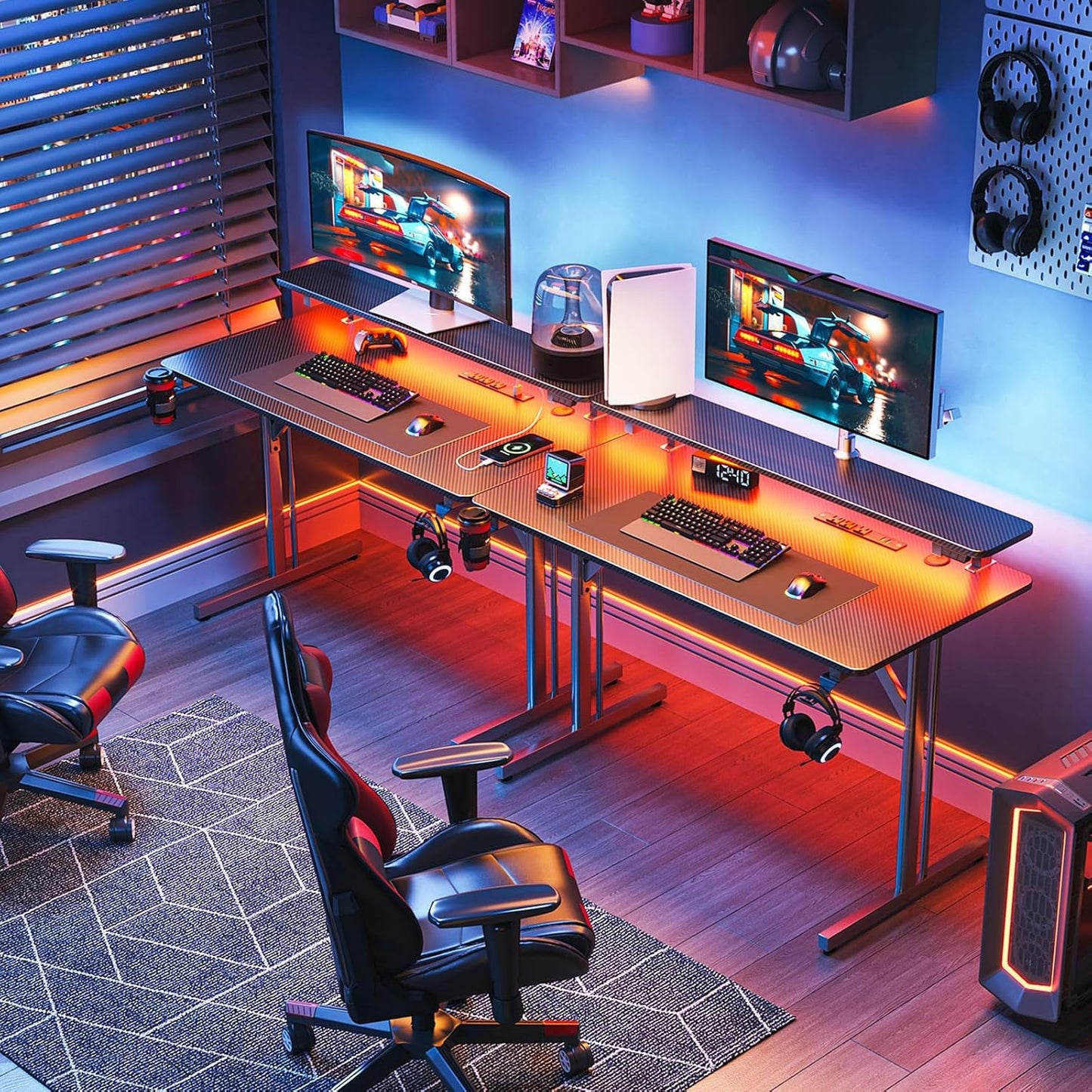 32 Inch Small Gaming Desk with LED Lights & Power Outlets, Computer Desk Gaming Table with Monitor Shelf, Gamer Desk with Carbon Fiber Texture, Kids Boys Desk Gift for Men