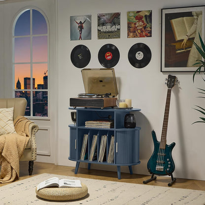 Large round Record Player Stand with Charging Station & Fluted Panel,Navy Blue Mid Century Modern Turntable Cabinet with Vinyl Storage, Arched Wood Record Player Table for Living Room