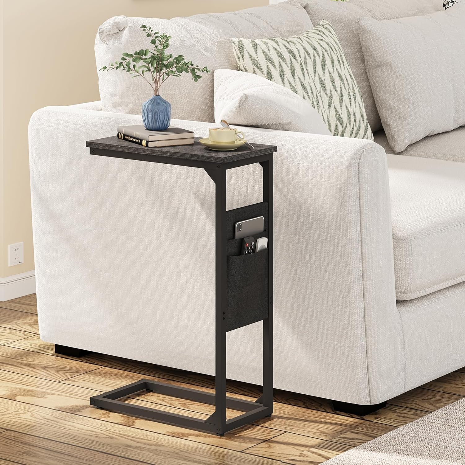 C Shaped End Table, Side Table for Couch, Sofa Table with Storage Bag, TV Tray for Living Room, Bedroom, Black TB01BK082