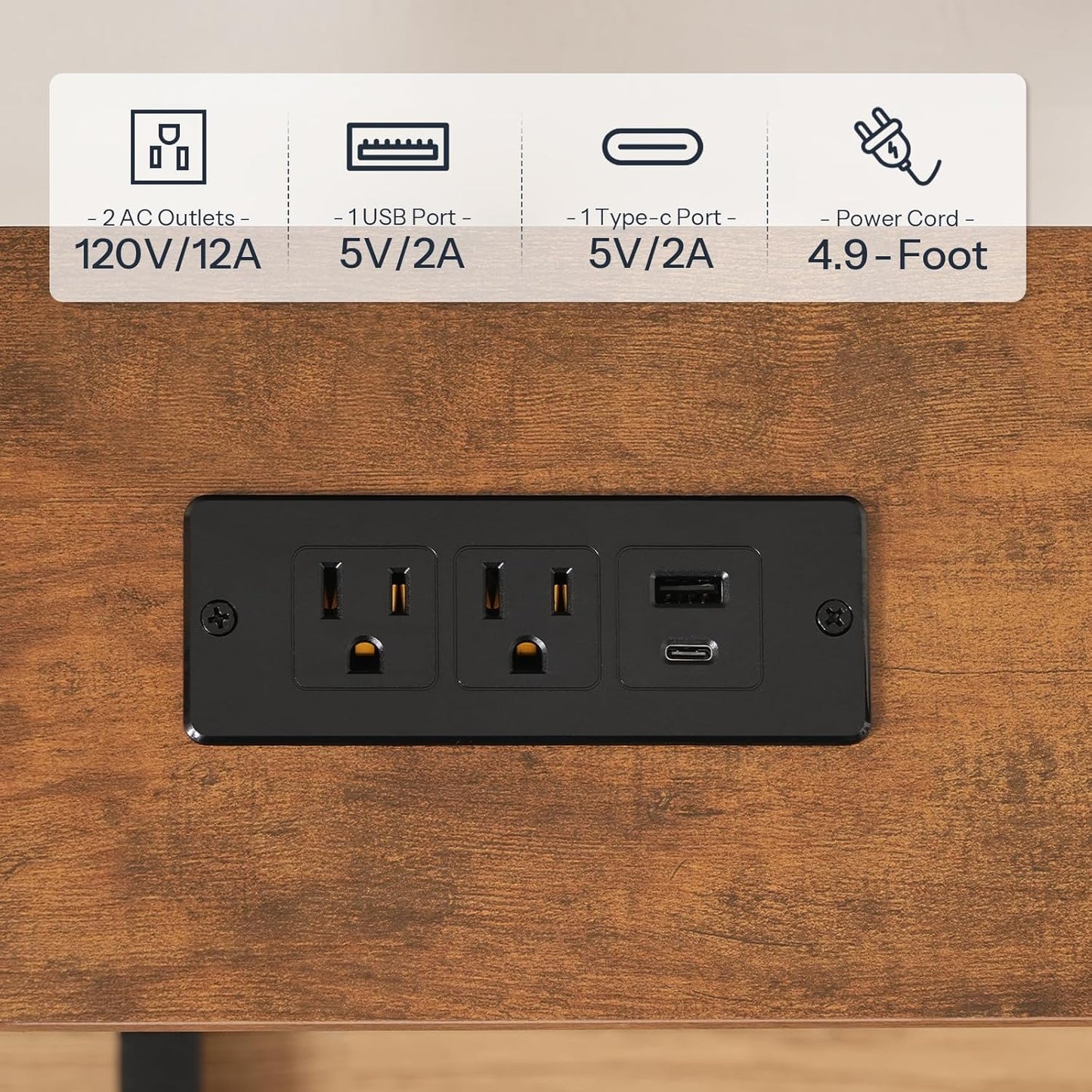 Narrow Console Table with Adjustable Height (25''-32.9''), behind Couch Table with Charging Station, 39.4"W X 5.9"D Skinny Sofa Entryway Table, for Living Room, Hallway, Rustic Brown BF95UXG01