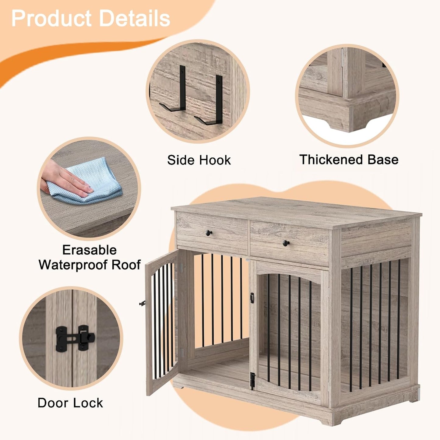 40 Inch Dog Crate Furniture-Farmhouse Dog Kennel with Drawers-End Table Wooden Pet Crate, Double Door Design, Decorative Dog House Indoor for Small Medium Large Dog, Oak Grey