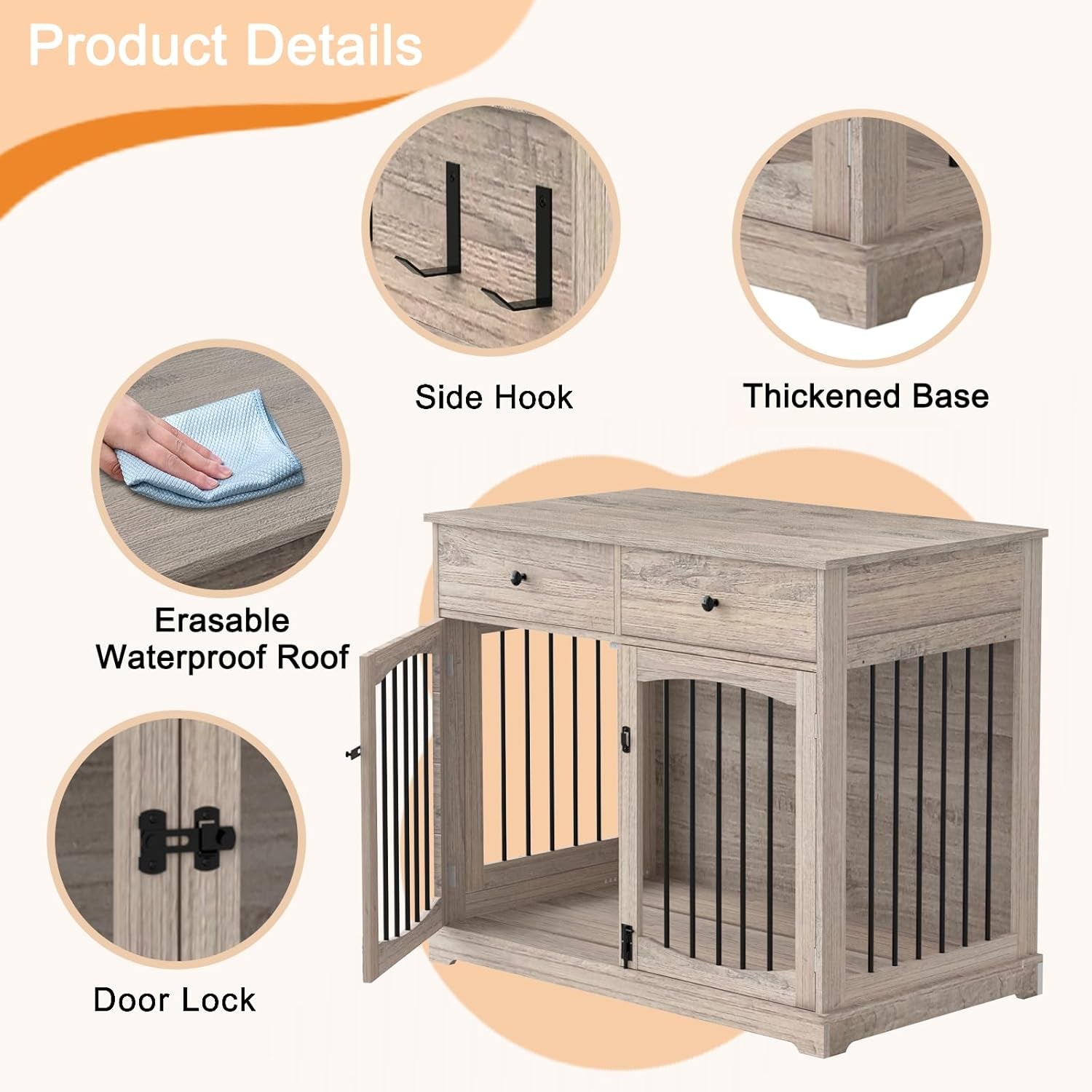 40 Inch Dog Crate Furniture-Farmhouse Dog Kennel with Drawers-End Table Wooden Pet Crate, Double Door Design, Decorative Dog House Indoor for Small Medium Large Dog, Oak Grey