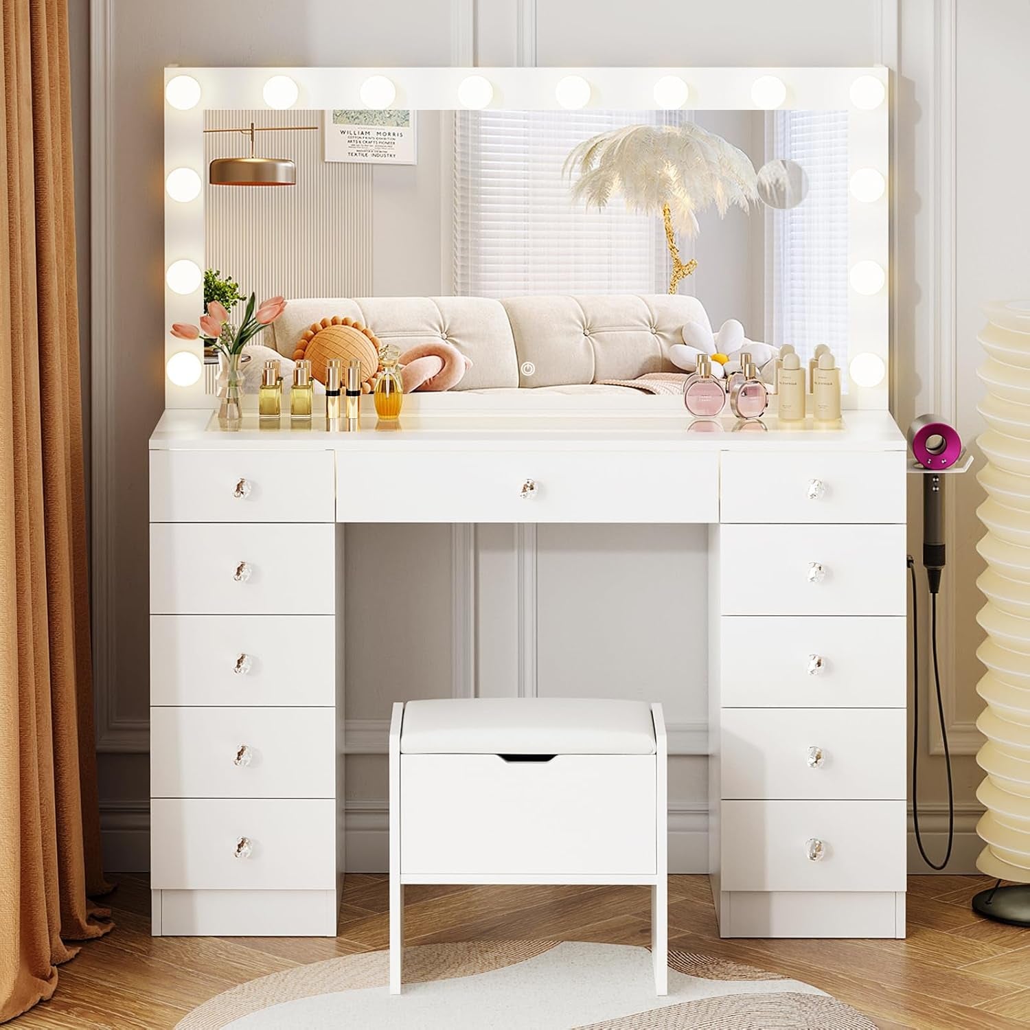 Vanity with Lighted Mirror - Makeup Vanity Desk with Glass Top and 11 Drawers, 3 Color Lighting Modes Adjustable Brightness, 46" Vanity Table with Soft Cushioned Stool for Bedroom, White