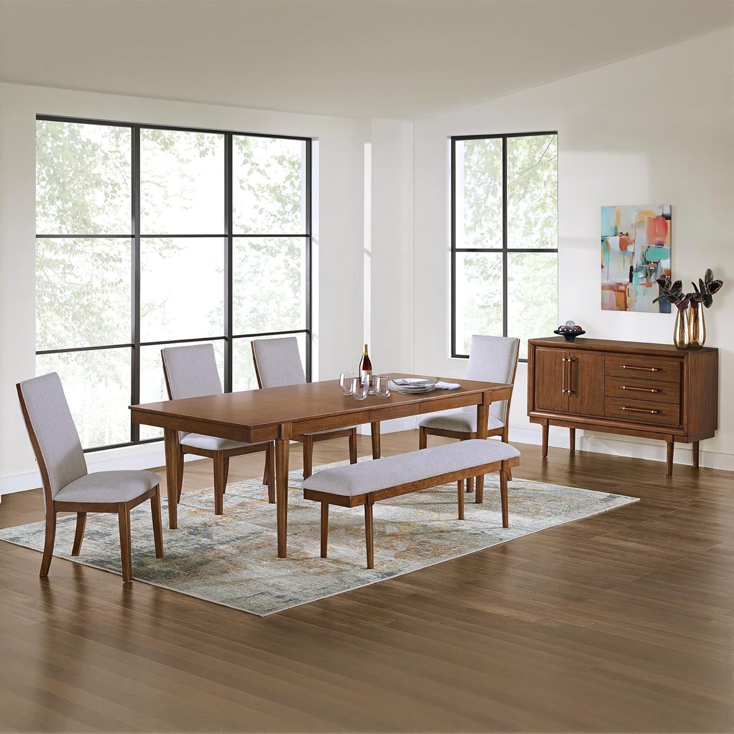 Lyncott 59" Upholstered Solid Wood Frame Dining Bench, Gray/Brown