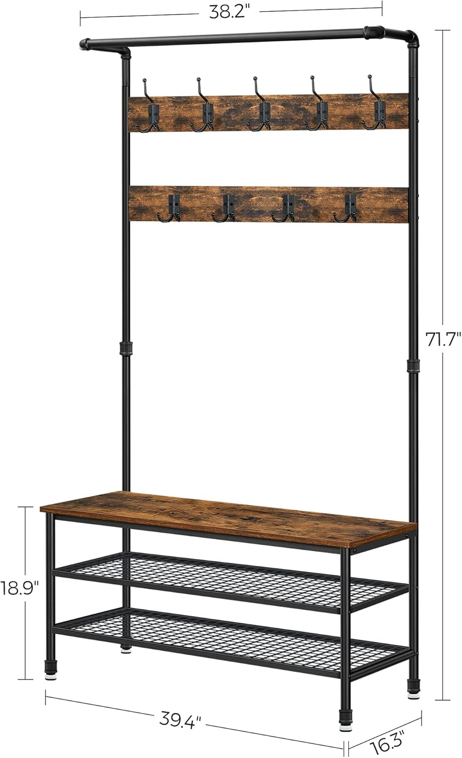 Coat Rack, 3-In-1 Hall Tree, Entryway Shoe Bench Coat Stand, Storage Shelves Accent Furniture Steel Frame Large Size, Industrial, Rustic Brown and Bronze UHSR45AX