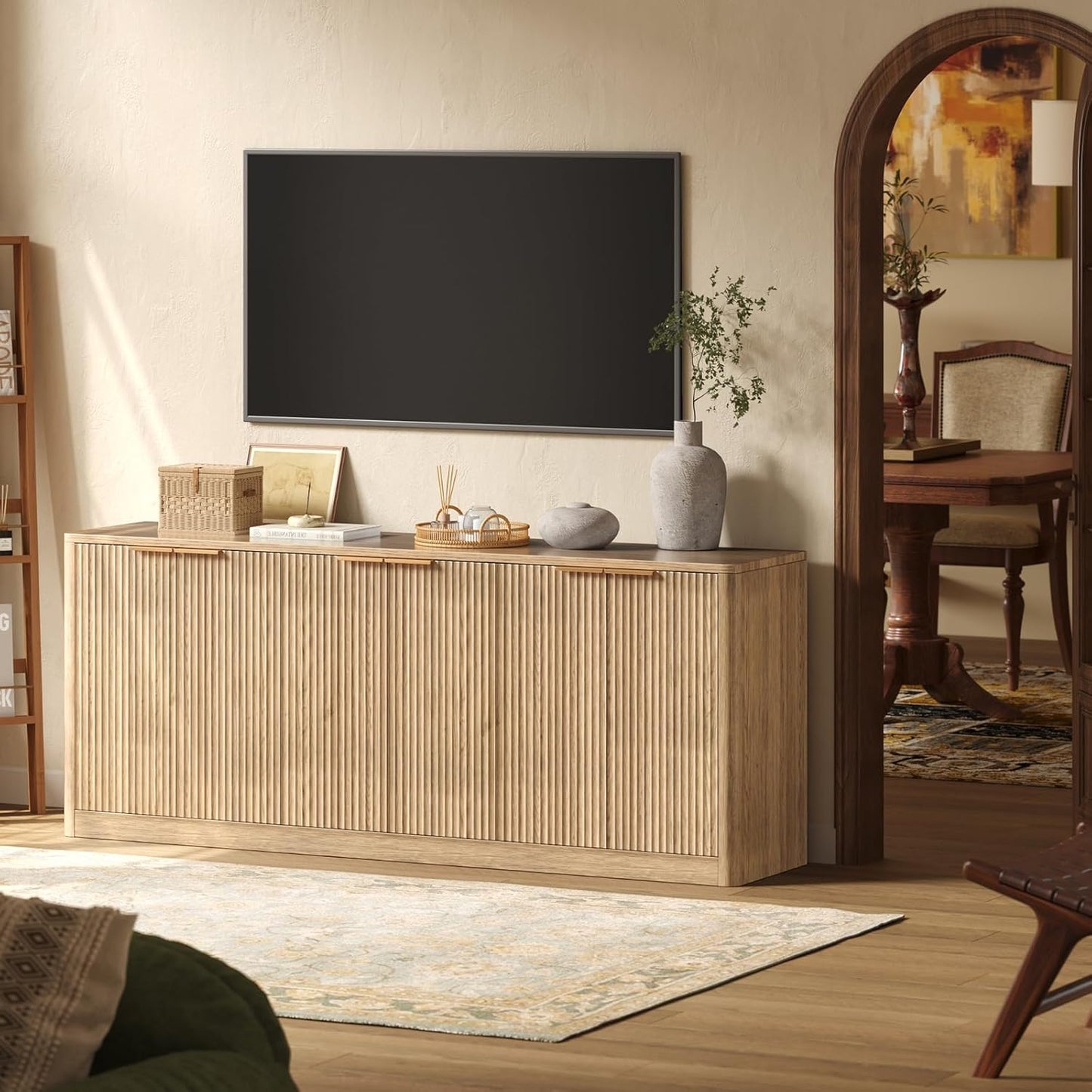 67" Oak Fluted TV Stand for Tvs up to 75", Mid-Century Modern Entertainment Center with Storage Cabinets and 6 Doors, Wood Media TV Consoles for Living Room and Bedroom