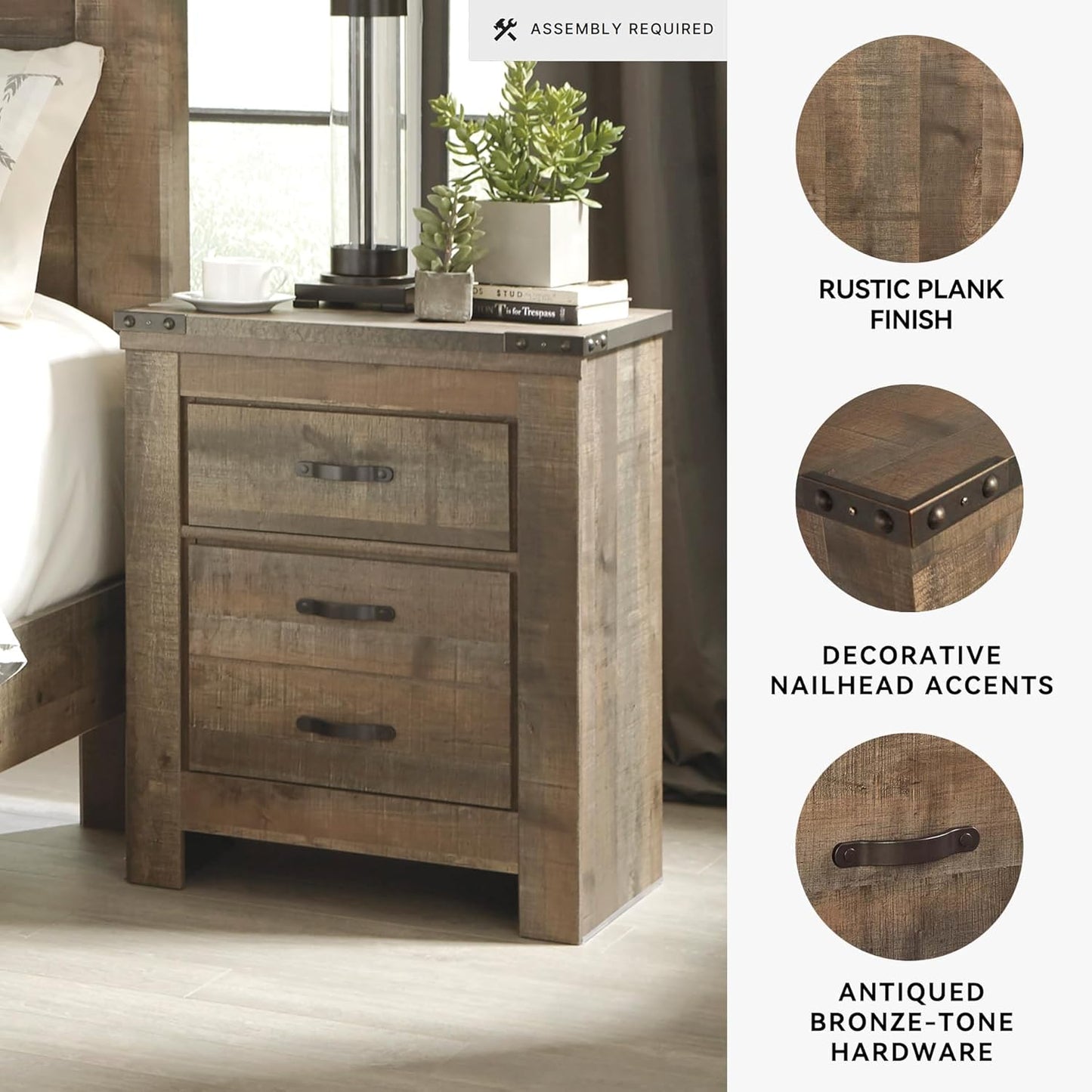 Signature Design by Ashley Trinell Rustic 2 Drawer Nightstand with USB Charging Stations, 29.65" Tall, Warm Brown