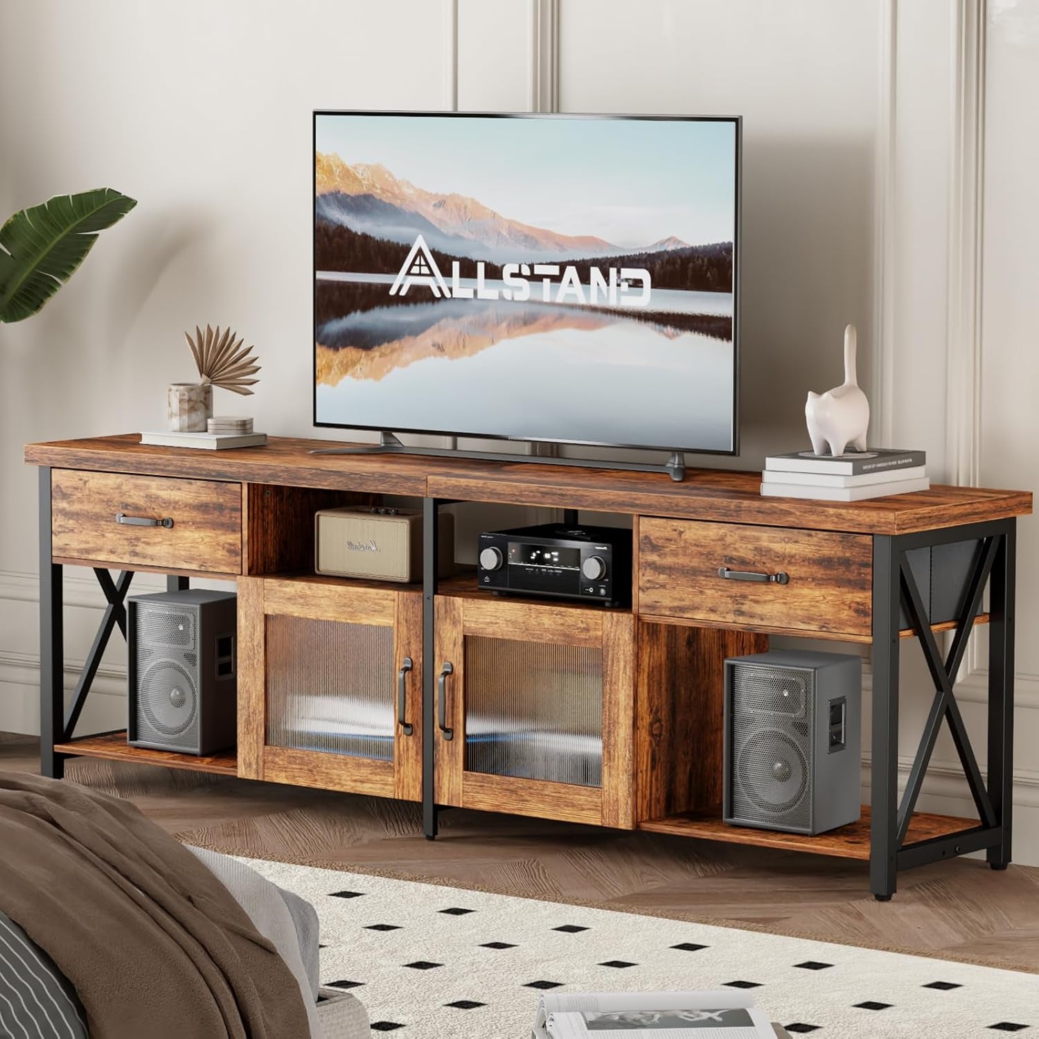 TV Stand for 75 80 Inch TV, Farmhouse Entertainment Center with 2 Drawers & Storage Cabinets, Industrial Media Console Table with Soundbar Shelf for Living Room, Bedroom, Fits Tvs up to 80"