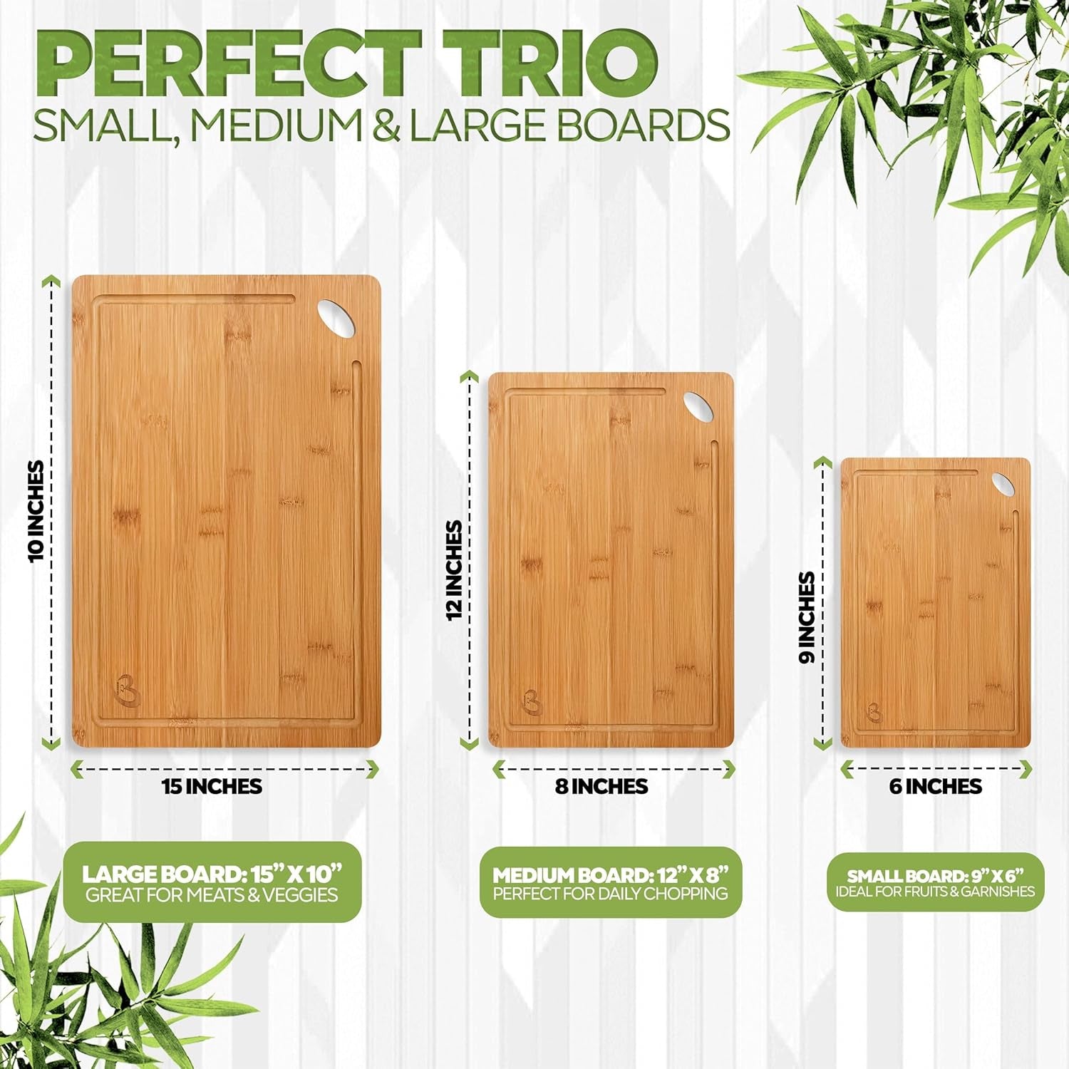 Bamboo Cutting Board Set of 3 – Small, Medium & Large Durable Non-Toxic Wood Cutting Boards for Kitchen with Deep Juice Grooves – Ideal Charcuterie & Chopping Boards for Meat, Vegetables & Fruits