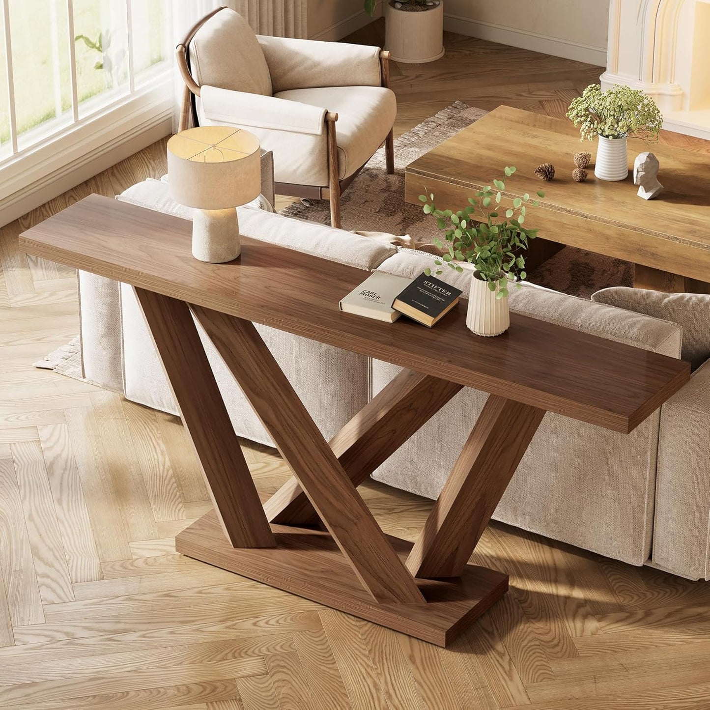 63-Inch Console Table with Geometric Base, Modern Long Narrow Accent Sofa Table behind the Couch, Wood Entryway Table for Hallway, Foyer, Living Room, Dark Brown