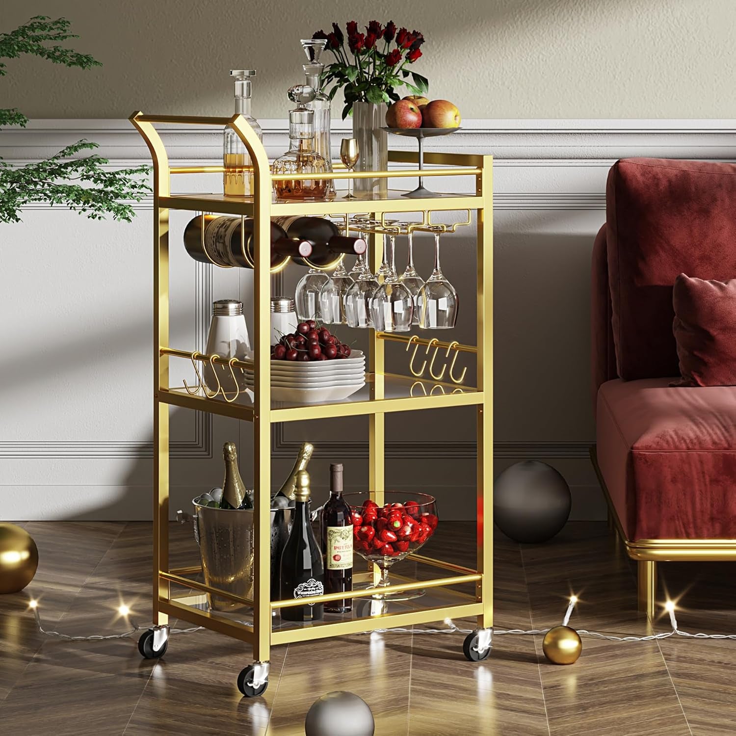 Bar Cart, Home Bar Serving Cart with 3-Tier Mirrored Shelf, Wine Cart, Mobile Kitchen Shelf, Gold BC01BB034