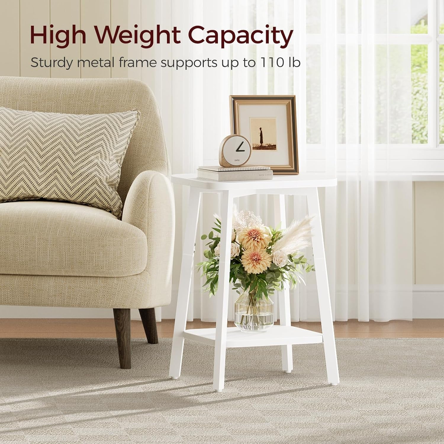 Side Table, Small Rectangular End Table with Storage Shelf, 2-Tier Bedside Table Sofa Couch Table, Nightstand for Small Spaces, Living Room, Bedroom, White ETWT4701