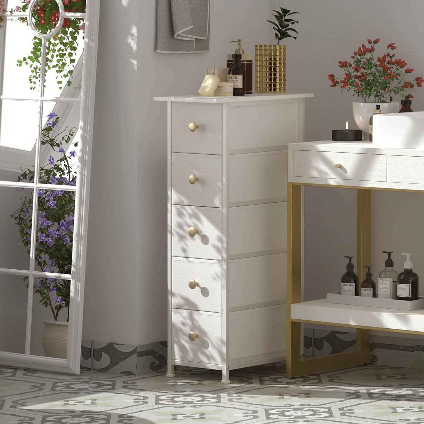 Narrow Dresser Cabinet Vertical Slim Dresser Chest of Drawers Skinny Storage Tower for Small Spaces Gaps Closet Bedroom Bathroom Small Fabric Drawer Unit (White, 5 Drawers)