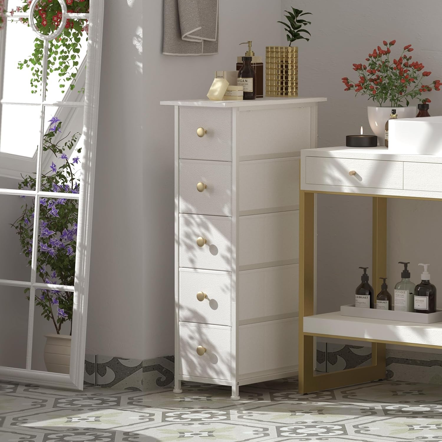Narrow Dresser Cabinet Vertical Slim Dresser Chest of Drawers Skinny Storage Tower for Small Spaces Gaps Closet Bedroom Bathroom Small Fabric Drawer Unit (White, 5 Drawers)