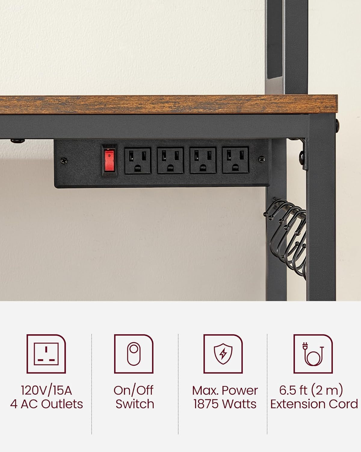 Bakers Rack with Power Outlet, Microwave Stand, Kitchen Tall Utility Storage Shelf, with Metal Wire Panel, 14 Hooks, 15.7 X 23.6 X 66.9 Inches, Rustic Brown and Ink Black UKKS037B01