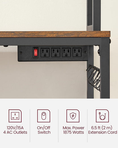 Bakers Rack with Power Outlet, Microwave Stand, Kitchen Tall Utility Storage Shelf, with Metal Wire Panel, 14 Hooks, 15.7 X 23.6 X 66.9 Inches, Rustic Brown and Ink Black UKKS037B01
